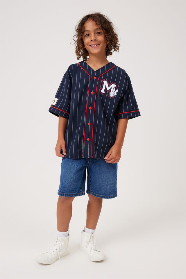 License Baseball Short Sleeve Shirt, LCN DIS NAVY BLAZER/ VANILLA STRIPE MICKEY