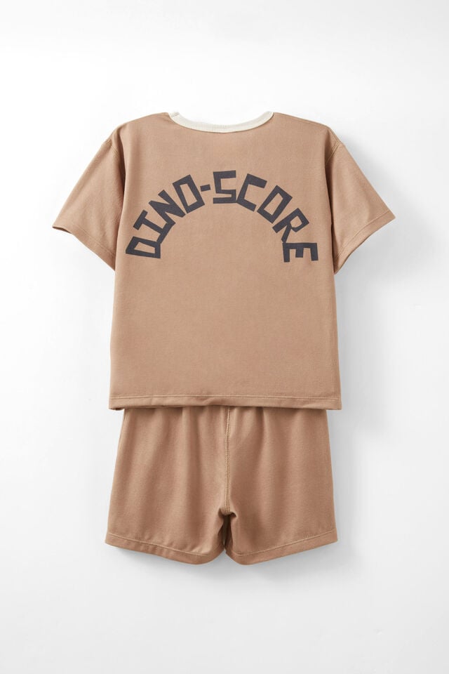 Damon Short Sleeve Pyjama Set, TAUPY BROWN/ DINO SCORE