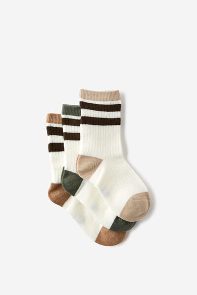 Kids 3Pk Crew Socks, RAINY DAY STRIPE/TAUPY BROWN STRIPE/SWAG GREE