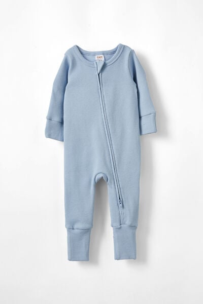 The Long Sleeve Rib Romper, DUSTY BLUE LOGO