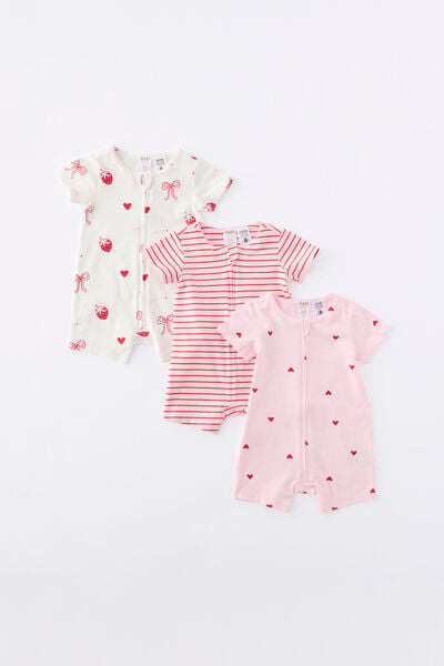 The 3Pk Short Sleeve Zip Romper, VANILLA-TEA PARTY PINK/SWEETHEART