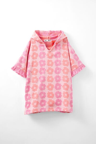 Kids Short Sleeve Hooded Towel, PINK GERBERA/JACQUARD FLOWERS