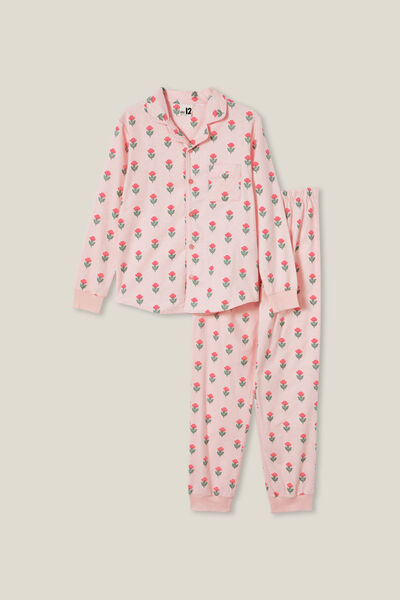 Angeline Long Sleeve Pyjama Set, CRYSTAL PINK/SPLICED FLORAL WOOD STAMP