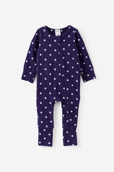Growie Long Sleeve Zip Romper, DENIM NAVY/POLKA DOT
