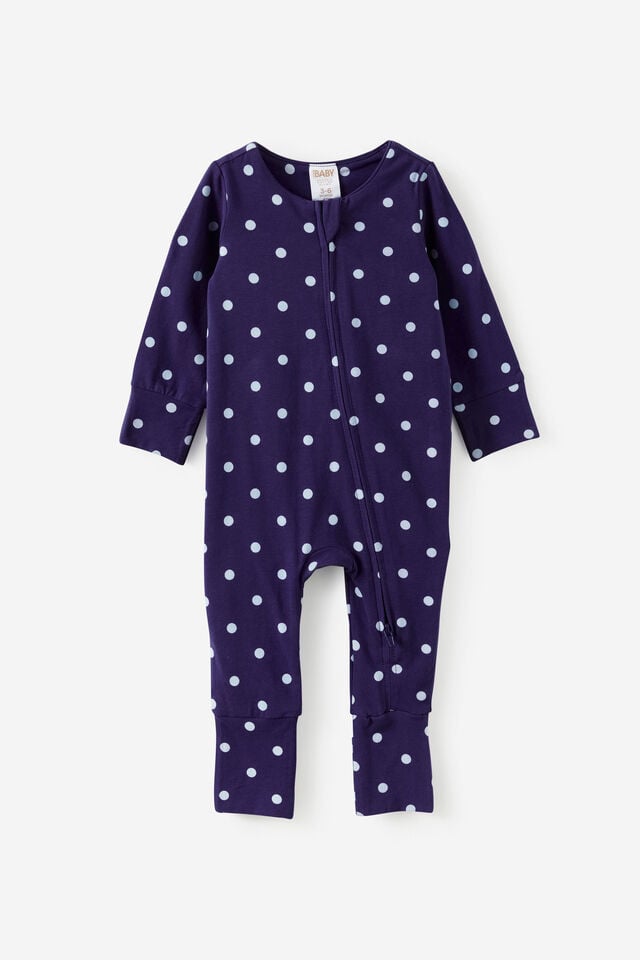 Growie Long Sleeve Zip Romper, DENIM NAVY/POLKA DOT