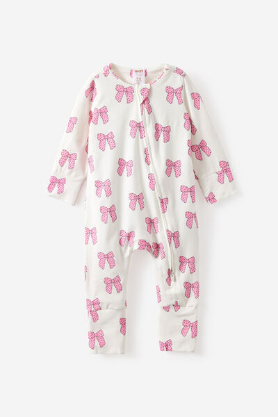 Growie Long Sleeve Zip Romper, VANILLA/PRETTY BOWS