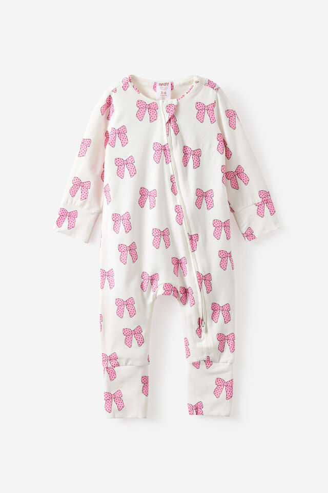 Growie Long Sleeve Zip Romper, VANILLA/PRETTY BOWS
