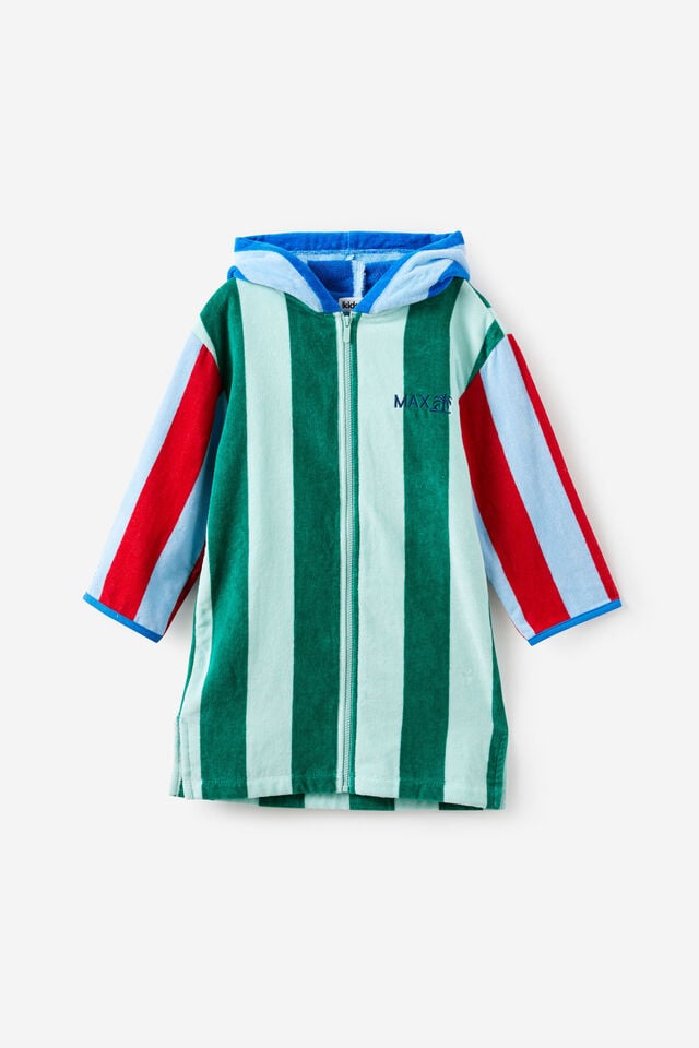 Kids Zip Thru Hooded Towel - Personalised, SEAGLASS/CONTRAST STRIPES
