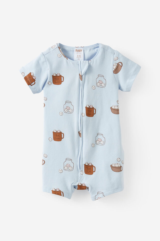 Growie Short Sleeve Zip Romper, BLUE WHISPER/TOASTY MARSHMALLOWS