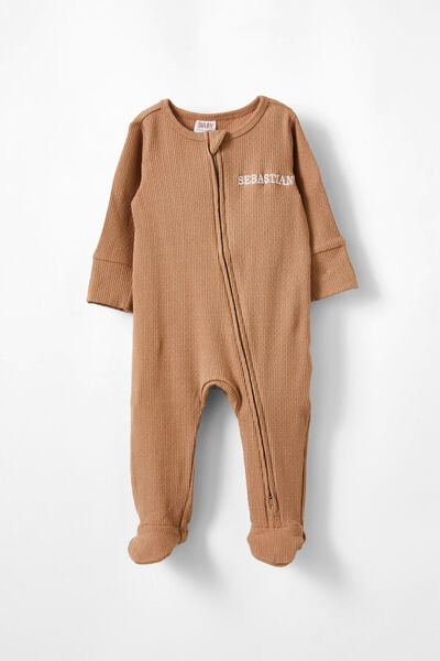 Organic Pointelle Zip Romper - Personalised, TAUPY BROWN