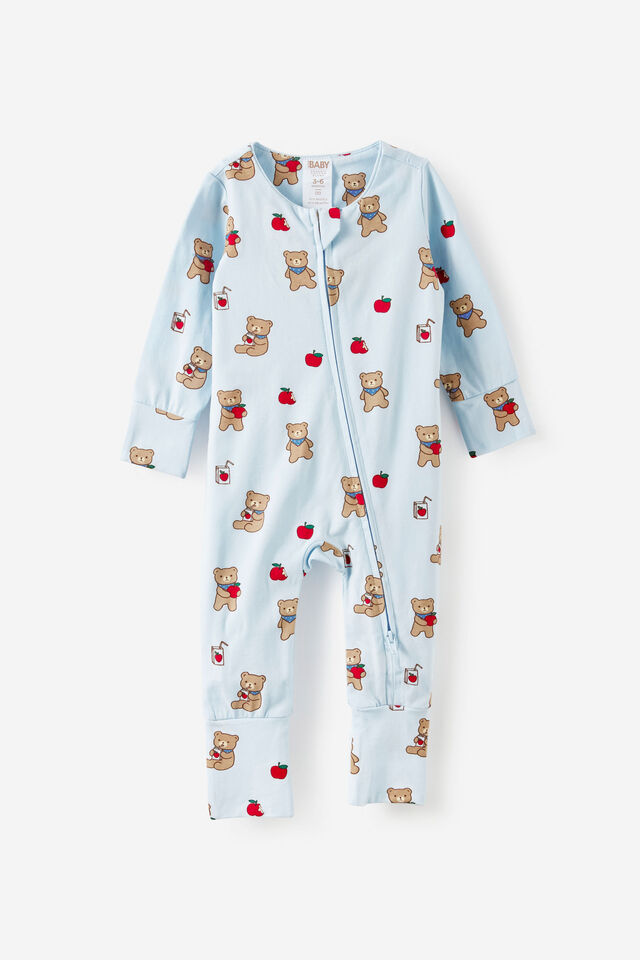 Growie Long Sleeve Zip All In One Romper, BLUE WHISPER/APPLE BEAR