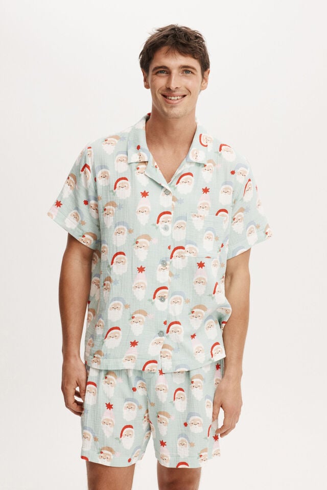 Carter Adults Unisex Short Sleeve Pyjama Set, BARBER BLUE/SANTA FACES