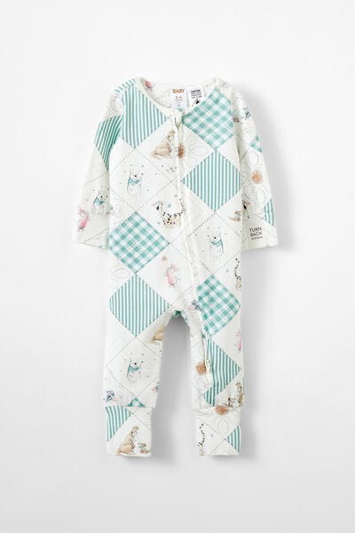 The Long Sleeve Zip Romper License, LCN DIS VANILLA/GREEN WINNIE THE POOH QUILT