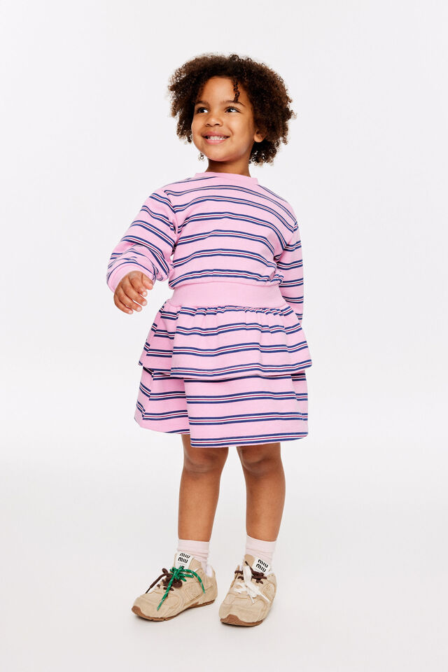 Crew Neck Ruffle Dress, STRAWBERRY MILK/DENIM NAVY STRIPE