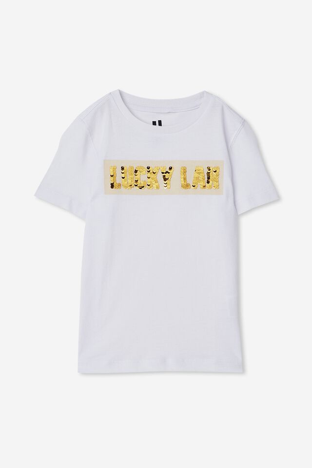 Downtown Short Sleeve Tee, WHITE/ LUCKY LAH FLIP SEQUINS