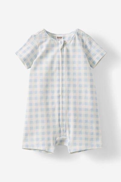 The Billie Short Sleeve Zip Romper, FROSTY BLUE/GINGHAM