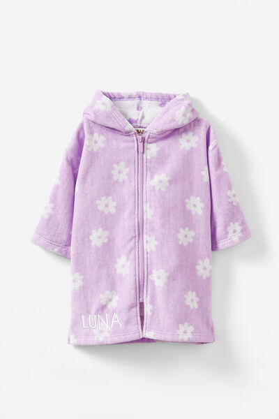 Baby Zip Through Hooded Towel - Personalised, LILAC DROP/JACQUARD DAISIES