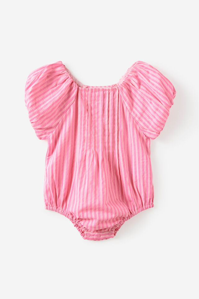 Baby Woven Raglan Bubbysuit, STRAWBERRY MILK STRIPE