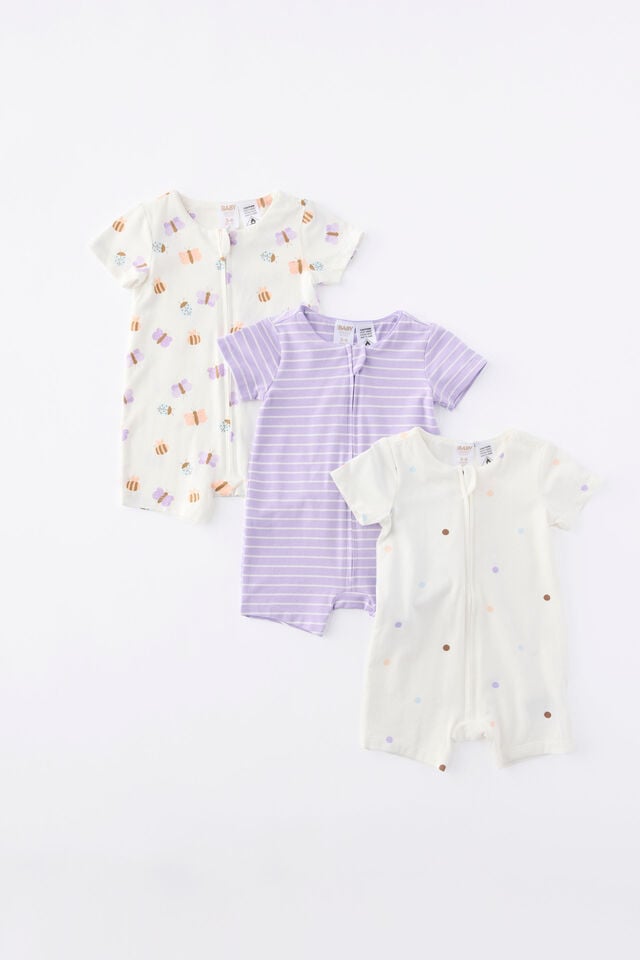 The 3Pk Short Sleeve Zip Romper, VANILLA-PURPLE HUE/BUTTERFLIES