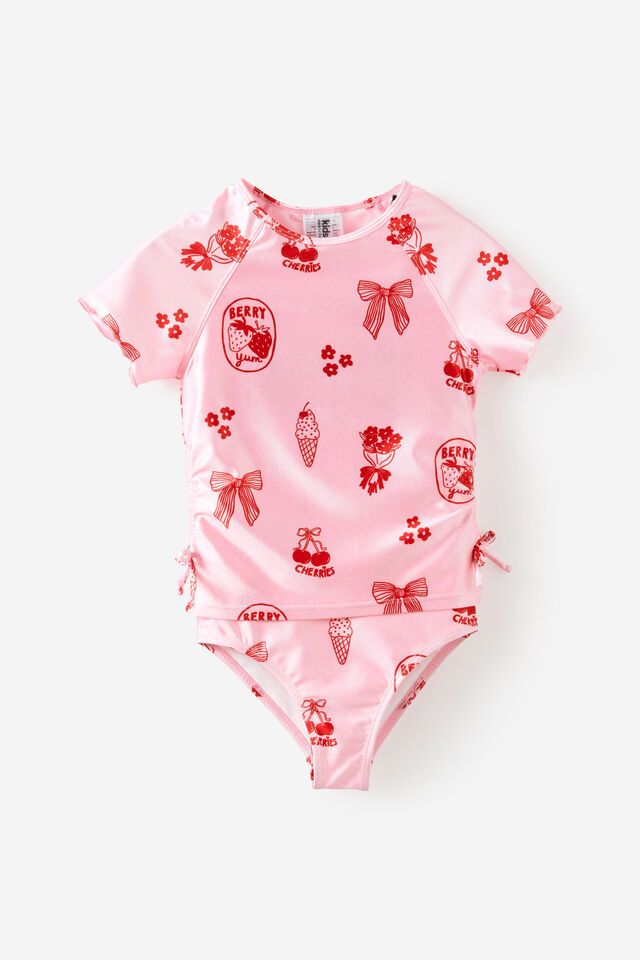 Florence S/S Rashie And Bikini Bottom Set, BALLET PINK/POP RED MOTIFS