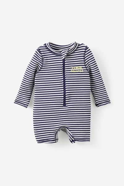 Baby Long Sleeve All In One Swimsuit, DENIM NAVY/LEMON SQUEEZY STRIPE