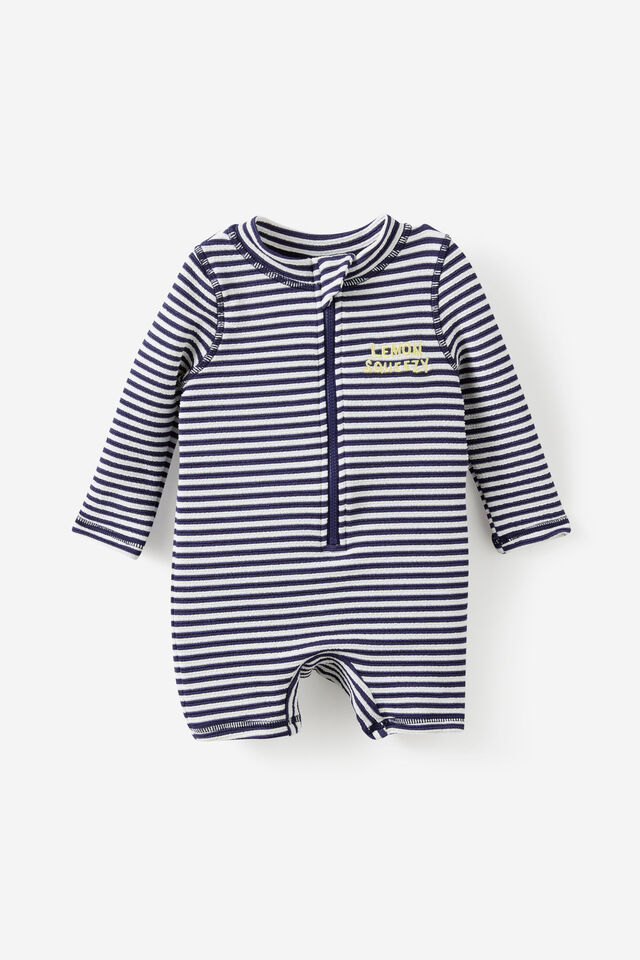 Baby Long Sleeve All In One Swimsuit, DENIM NAVY/LEMON SQUEEZY STRIPE