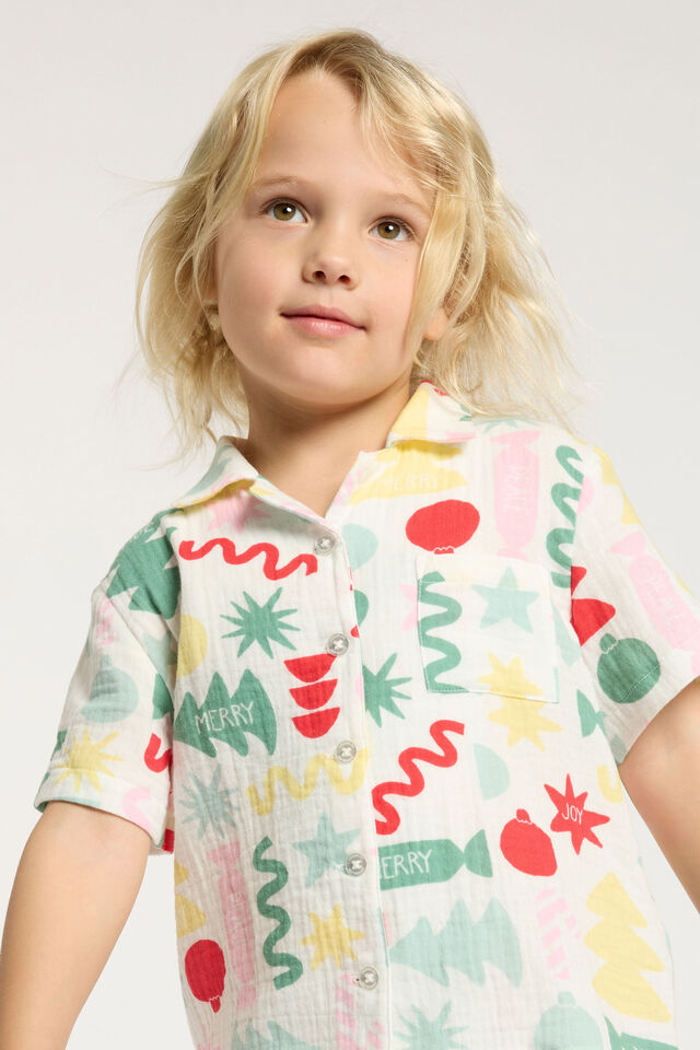 Riley Kids Unisex Short Sleeve Pyjama Set, VANILLA/GEO CHRISTMAS