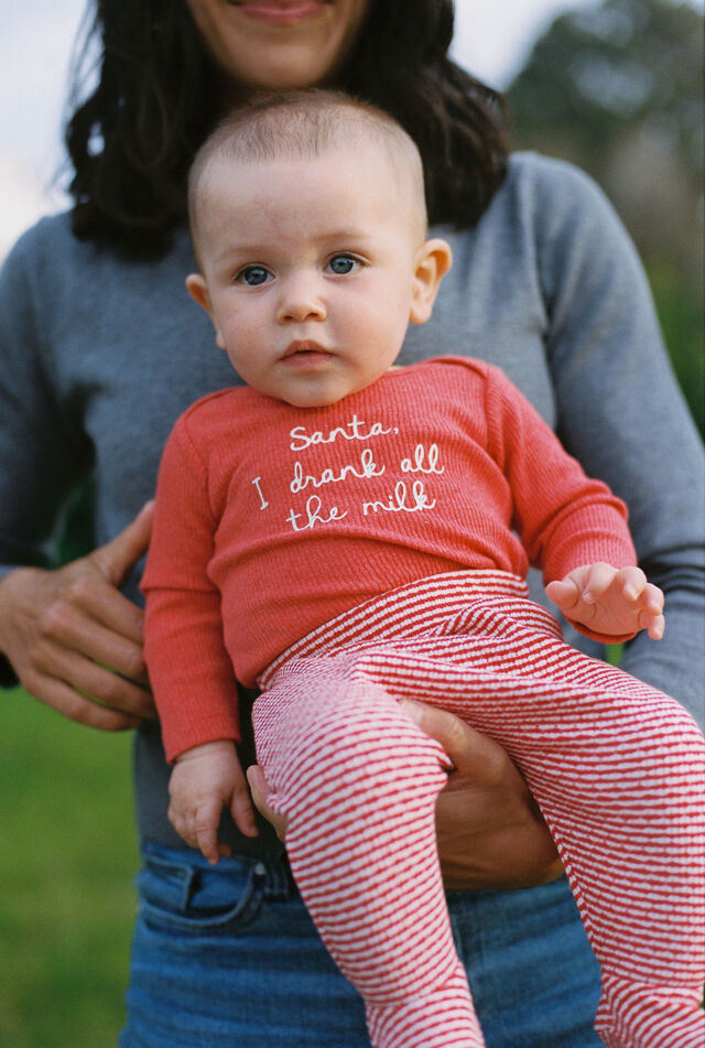 Organic Pointelle Long Sleeve Bubbysuit, VARSITY RED MARLE/SANTA I DRANK ALL THE MILK