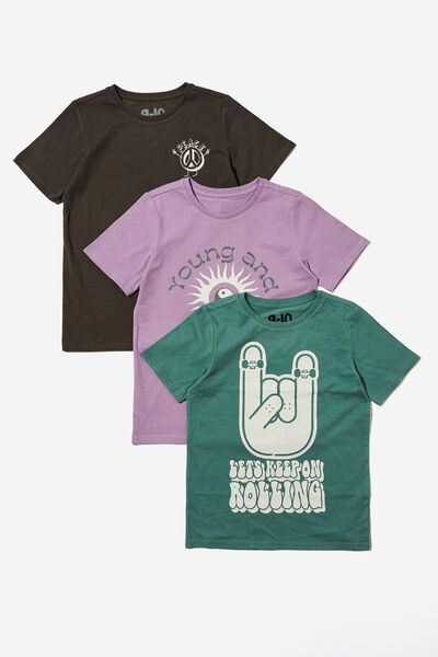 Multipack Short Sleeve Print Tee Three Pack, PEACE/YOUNG & BRAVE/ROLLING