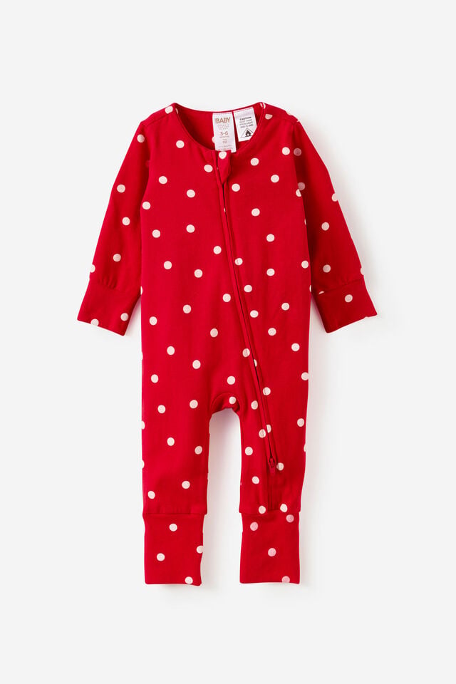 Growie Long Sleeve Zip Romper, VARSITY RED/POLKA DOT