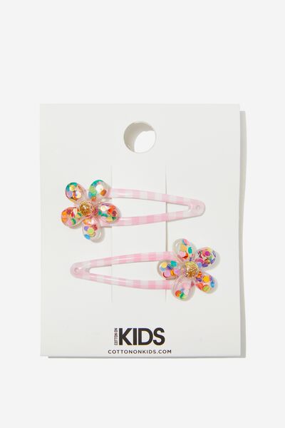90S Snap Clips, PINK GINGHAM/GLITTER FLOWERS