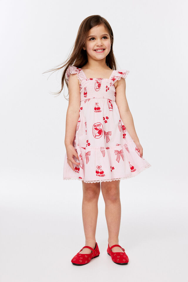 Gigi Flutter Sleeve Dress, BALLET PINK/VARSITY RED MOTIFS