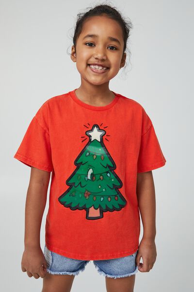 Camiseta - Stevie Short Sleeve Embellished Tee, FLAME RED WASH/LENTICULAR CHRISTMAS TREE