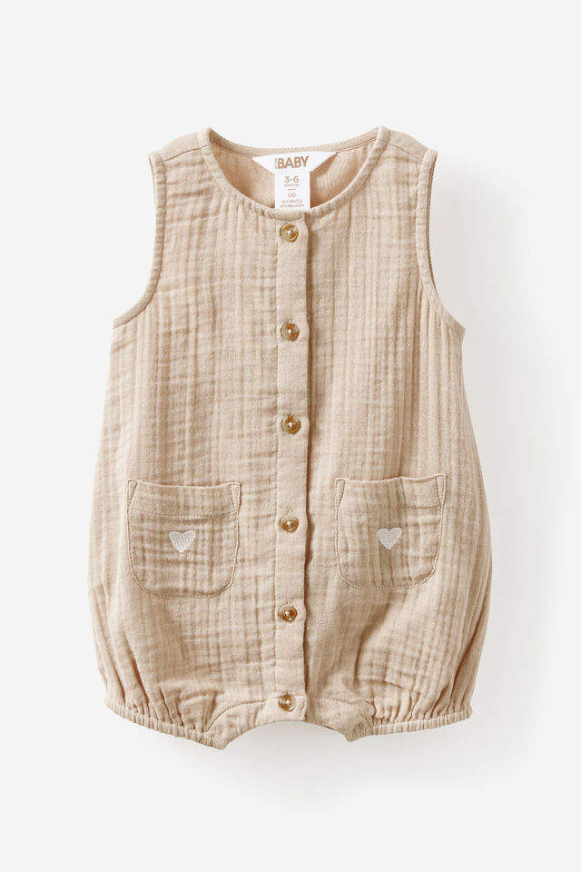 Organic Woven Sleeveless Playsuit, LATTE CREAM/LOVE HEART