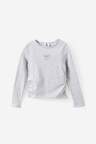 Fitted Long Sleeve Essential Gathered Top, GREY MARLE/BOW DIAMANTE