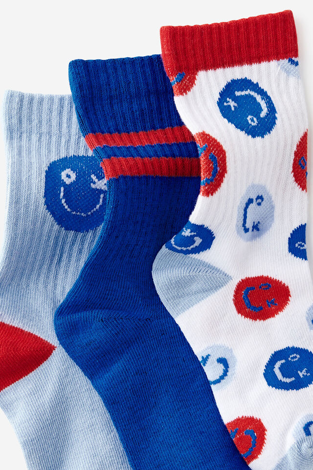 Kids 3Pk Crew Socks, DAWN BLUE/HARBOUR BLUE FUN DAY