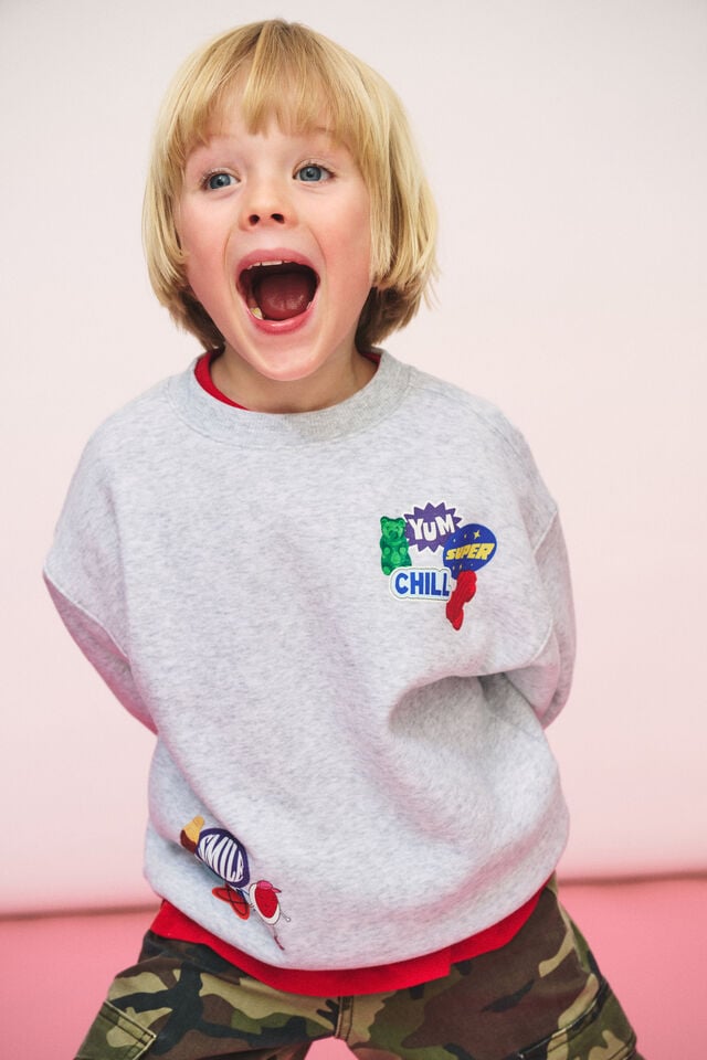 FUNDAY Sweets Oversized Crew, LCN FUNDAY GREY MARLE/SWEET STICKERS