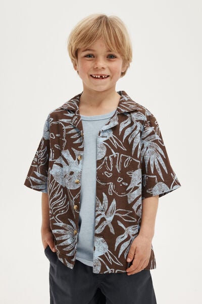 Cabana Short Sleeve Shirt, HOT CHOCCY/DUSK BLUE PALM FOLIAGE