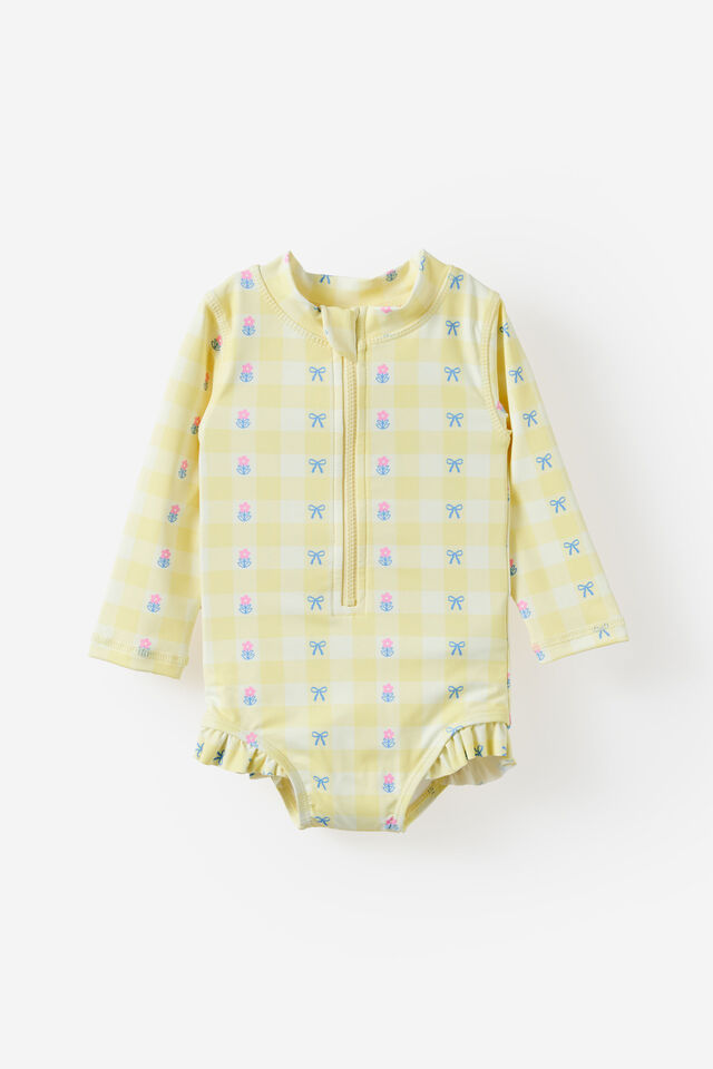 Lucy Long Sleeve Ruffle Back Swimsuit, LEMON SQUASH/FLORAL GINGHAM