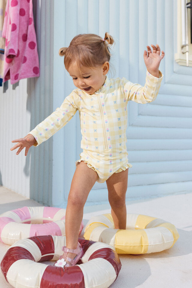 Lucy Long Sleeve Ruffle Back Swimsuit, LEMON SQUASH/FLORAL GINGHAM