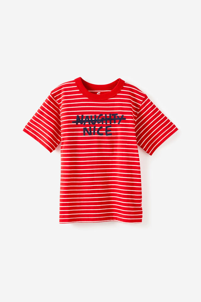 Essentials Graphic Short Sleeve Tee, VARSITY RED/VANILLA STRIPE NAUGTHY AND NICE