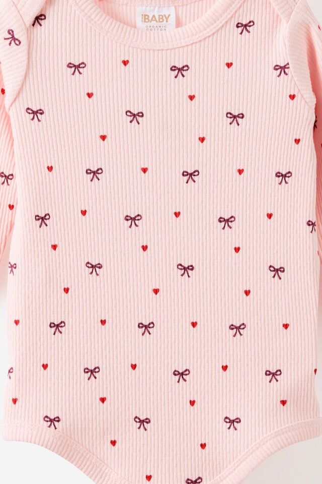 Organic Pointelle Long Sleeve Bubbysuit, POP PINK/BOWS & HEARTS