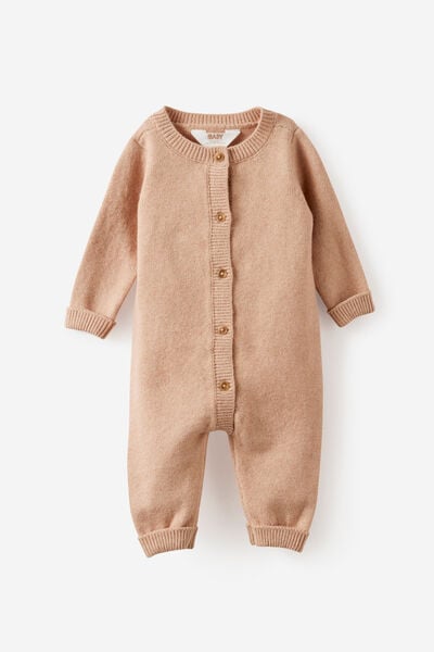 Baby Organic Knit Blend Long Sleeve All In One, CARAMEL FUDGE MARLE
