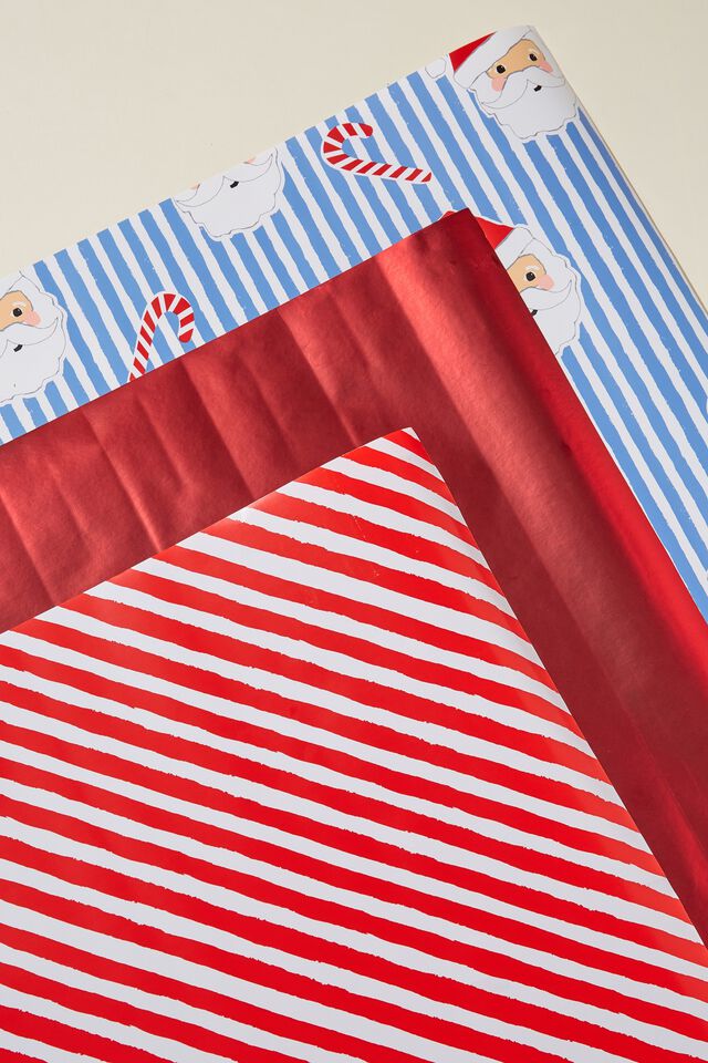 Kids Gift Wrap 3 Pack, DUSK BLUE/SANTA CANDY STRIPE