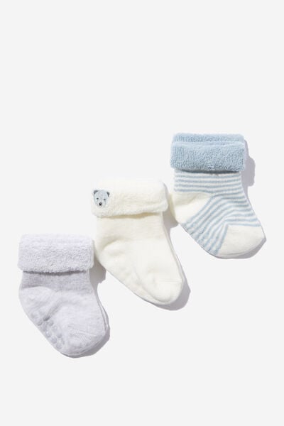 3Pk Terry Baby Socks, DUSTY BLUE/BEAR