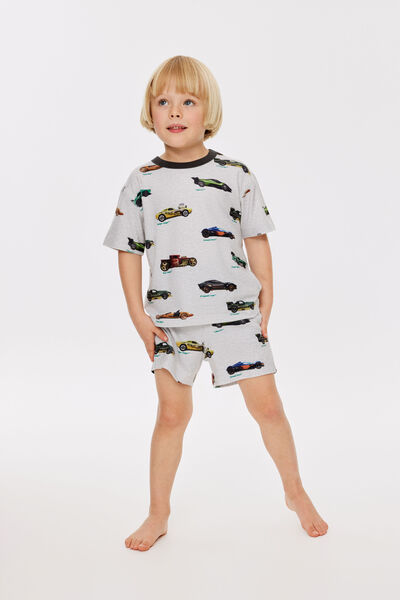 Snoozesoft Short Sleeve Boxer Pj Set License, LCN MAT GREY MARLE/HOT WHEELS CARS