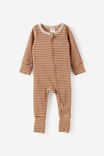 Growie Long Sleeve Zip Romper, LATTE CREAM-CARAMEL FUDGE STRIPE/TOO CUTE - example image 1