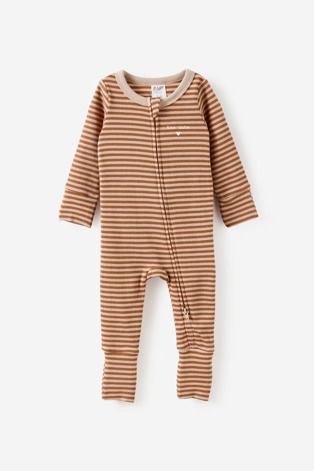 Growie Long Sleeve Zip Romper, LATTE CREAM-CARAMEL FUDGE STRIPE/TOO CUTE