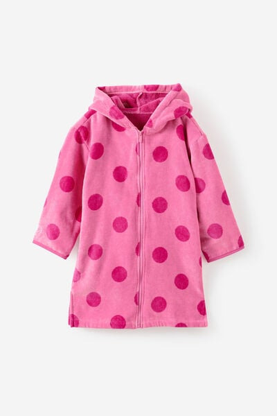 Kids Zip Thru Hooded Towel, STRAWBERRY MILK/POPPING PINK SPOT