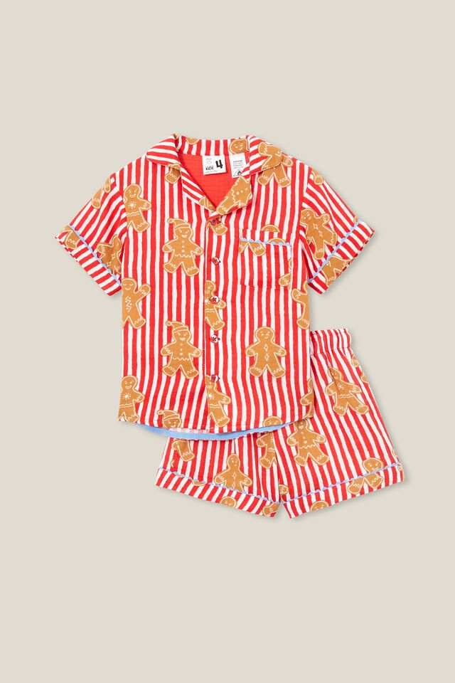 Riley Kids Unisex Short Sleeve Pyjama Set, ANTHURIUM RED/GINGERBREAD CANDY STRIPE